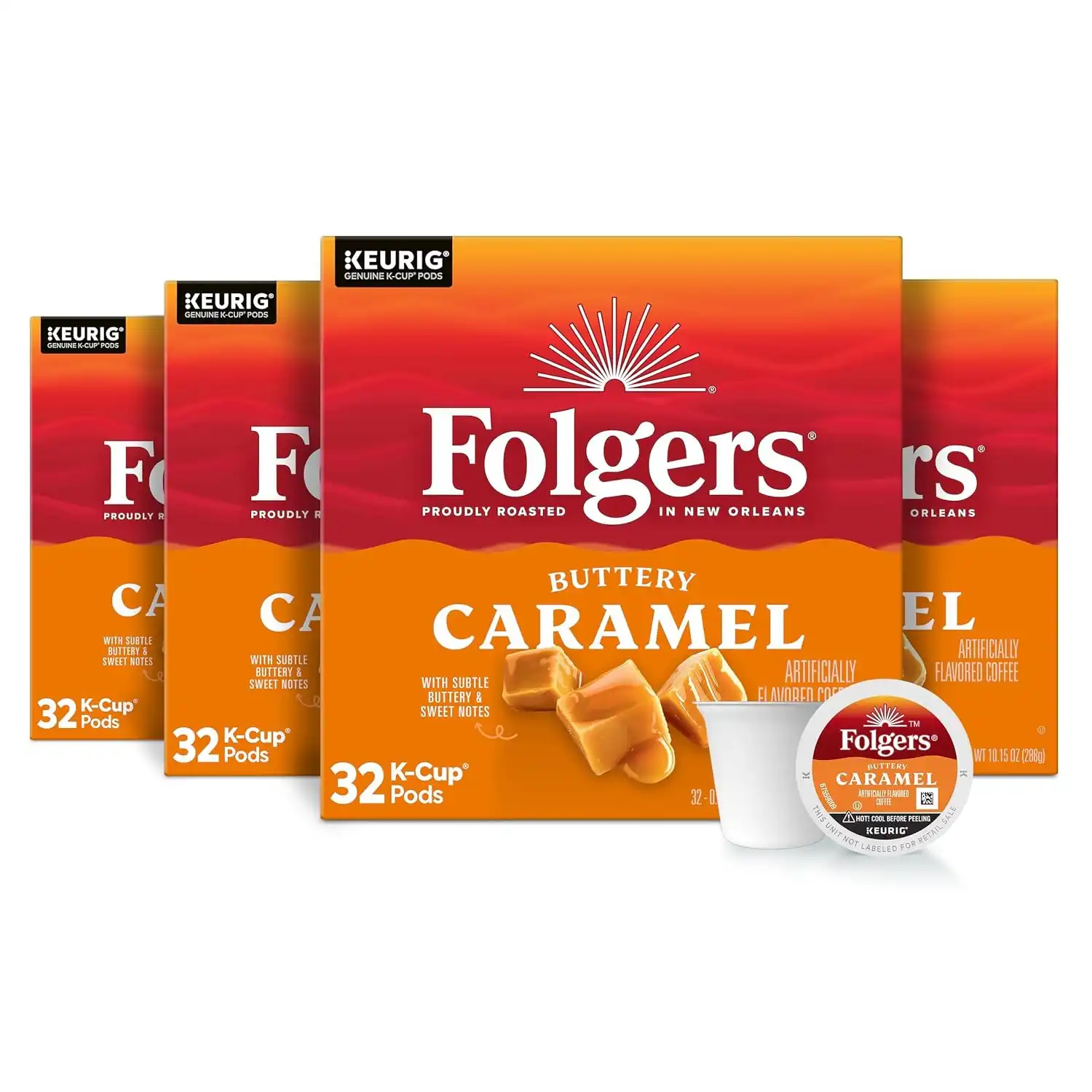 Folgers Buttery Caramel Artificially Flavored Coffee, Keurig K-Cup Pods, 32 Count Box (Pack of 4)