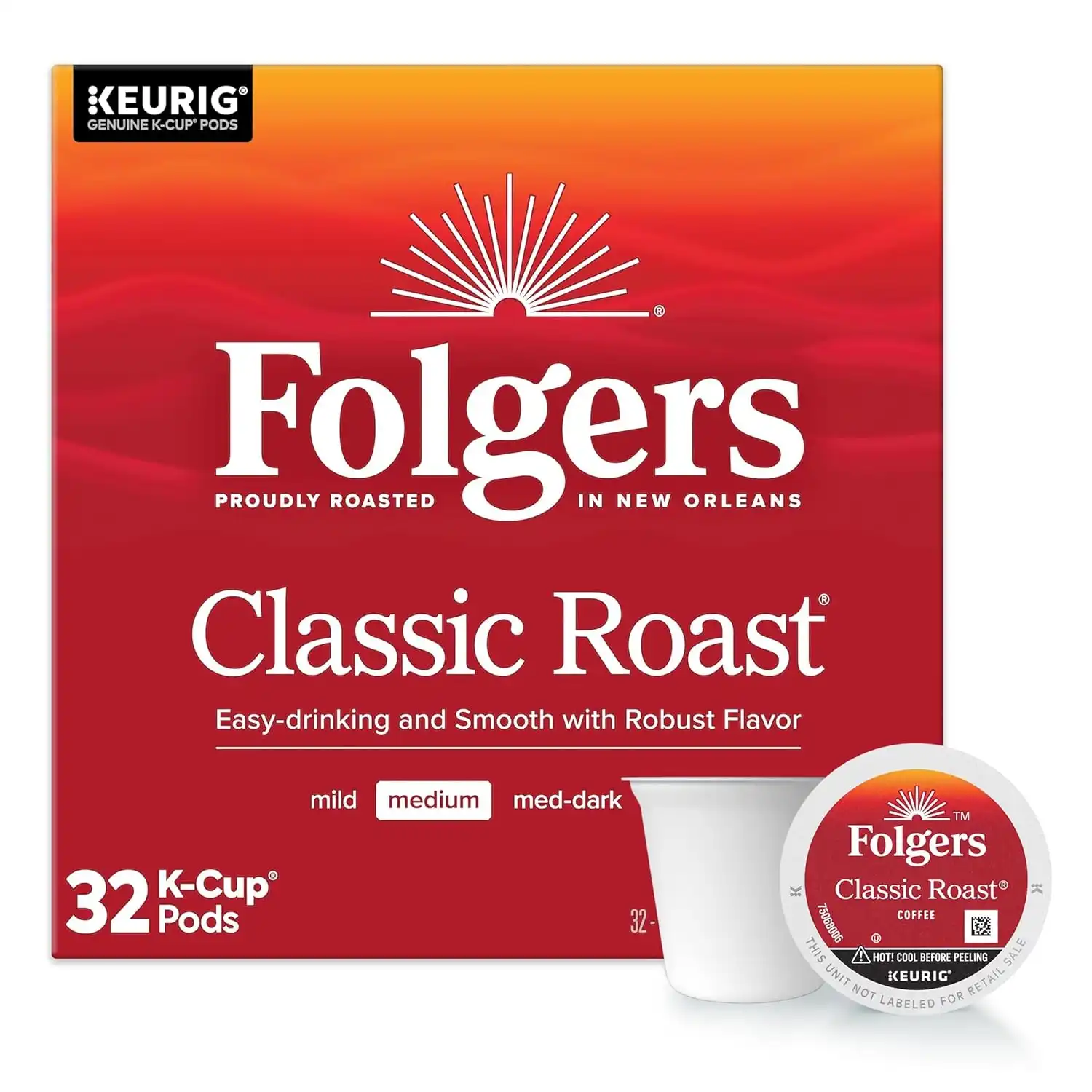 Folgers Classic Roast, Medium Roast Coffee, Keurig K-Cup Pods, 32 Count Box