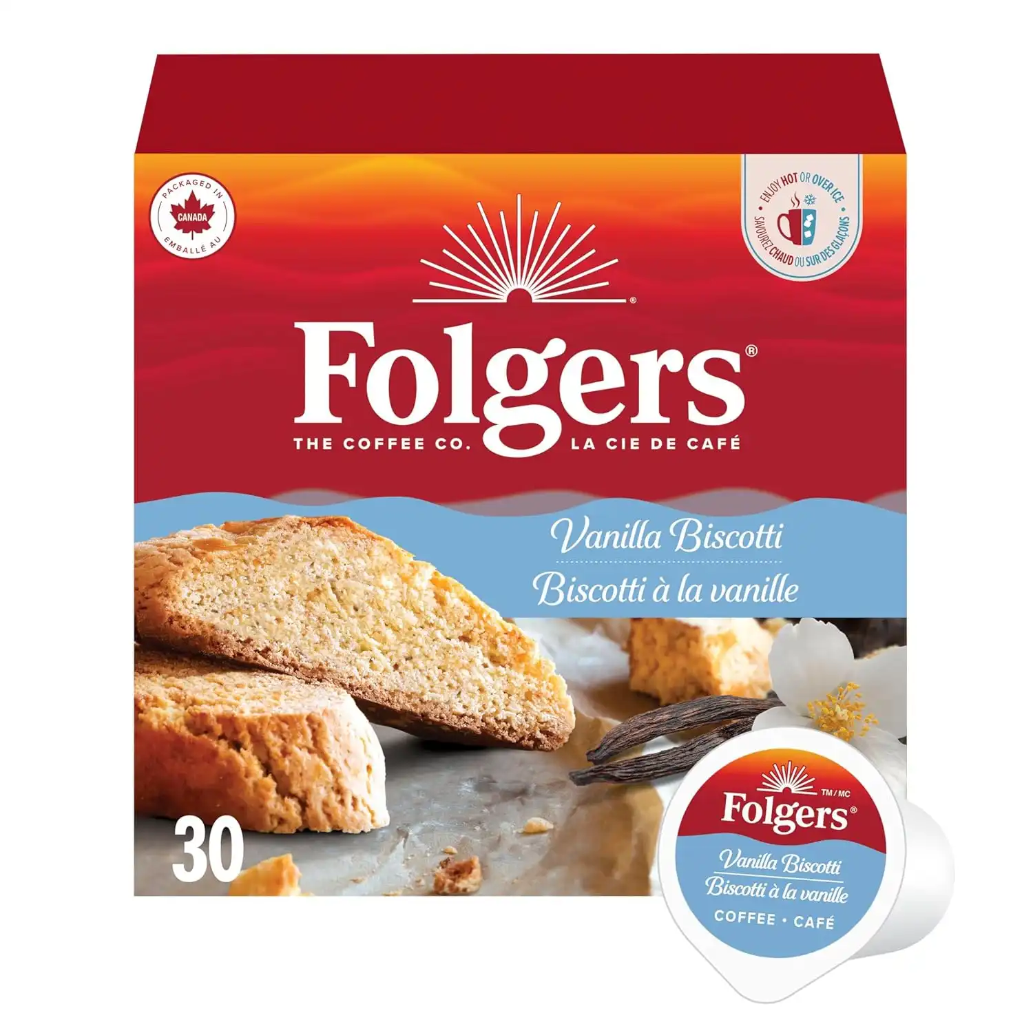 Folgers Vanilla Biscotti Coffee K-cups, 30 Count, 270g/9.5 oz. Box (Imported from Canada)