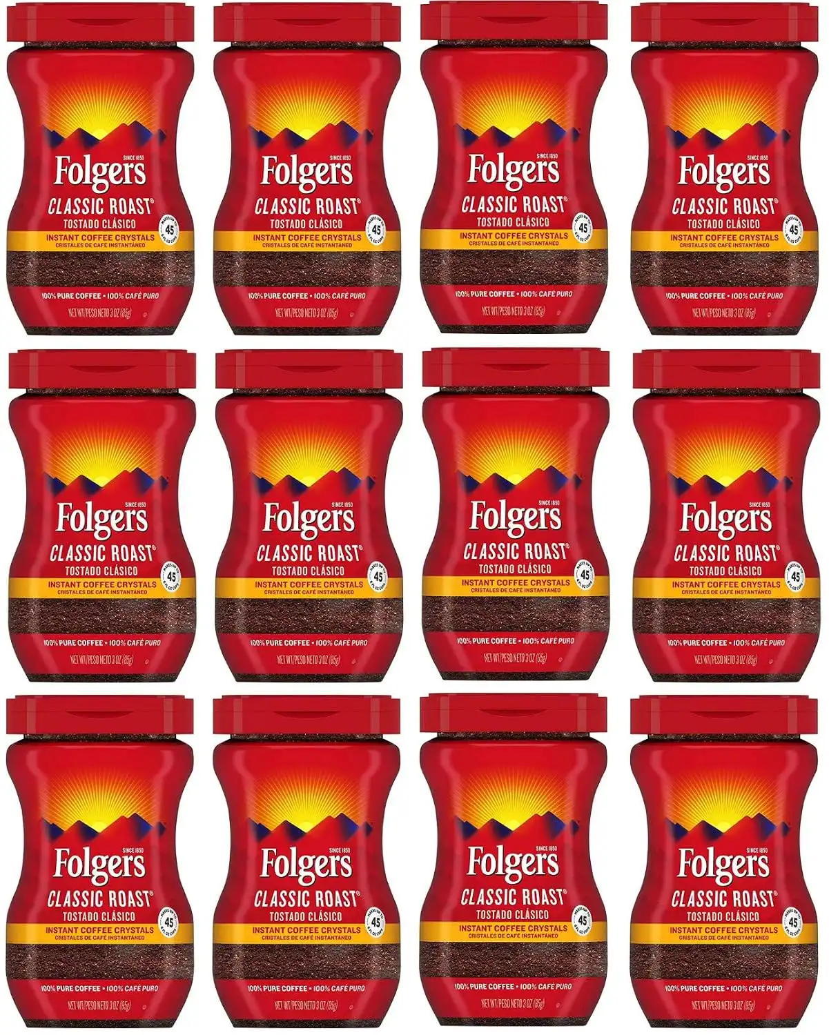 Folgers 20083 Classic Roast Instant Coffee Crystals, 3 Ounces, 100% Pure Coffee, Medium Roast, Easy-open Flip Top Lid, Portable Plastic Jar, Pack of 12
