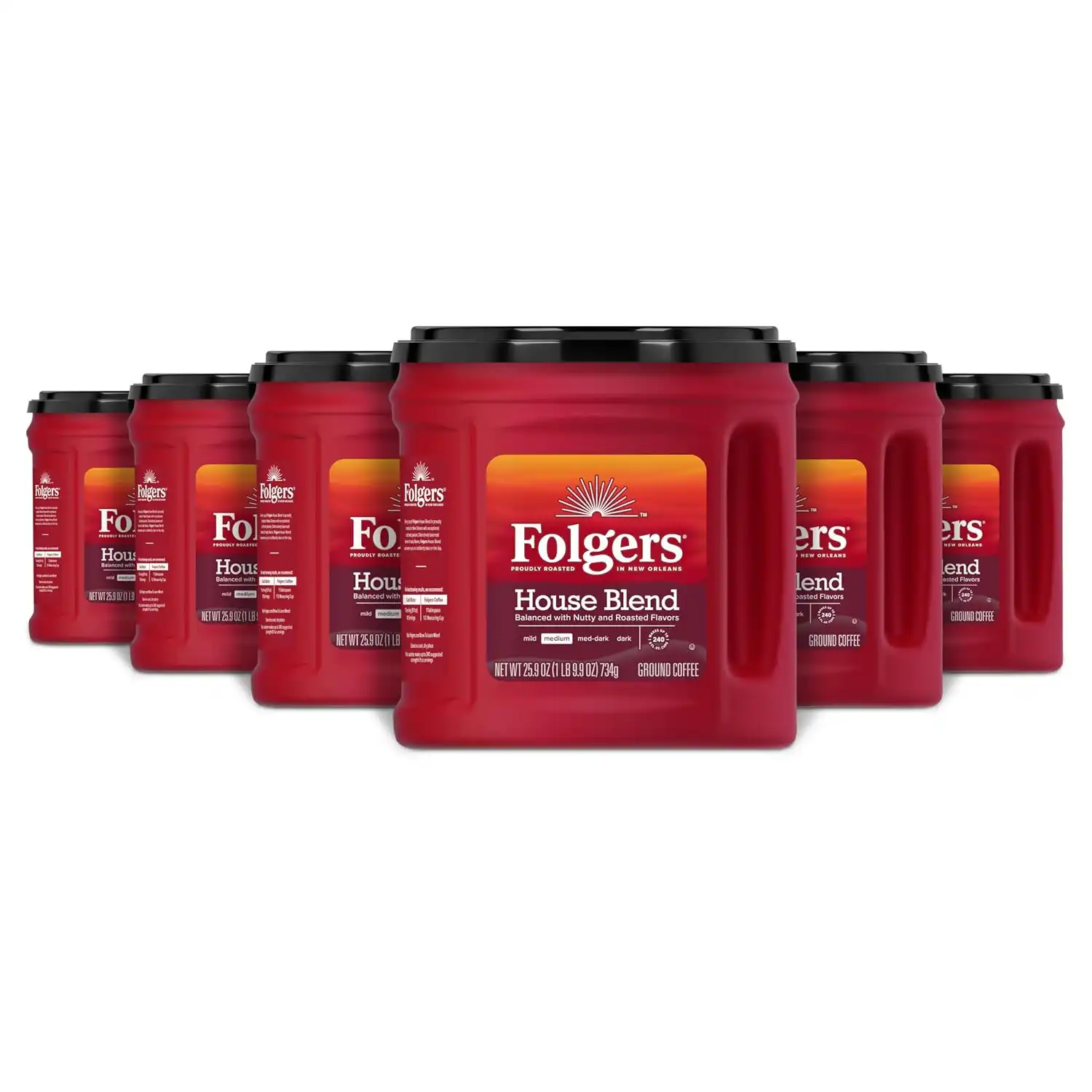 Folgers House Blend Ground Coffee, Medium Roast, 6 (25.9 Oz.) Canisters