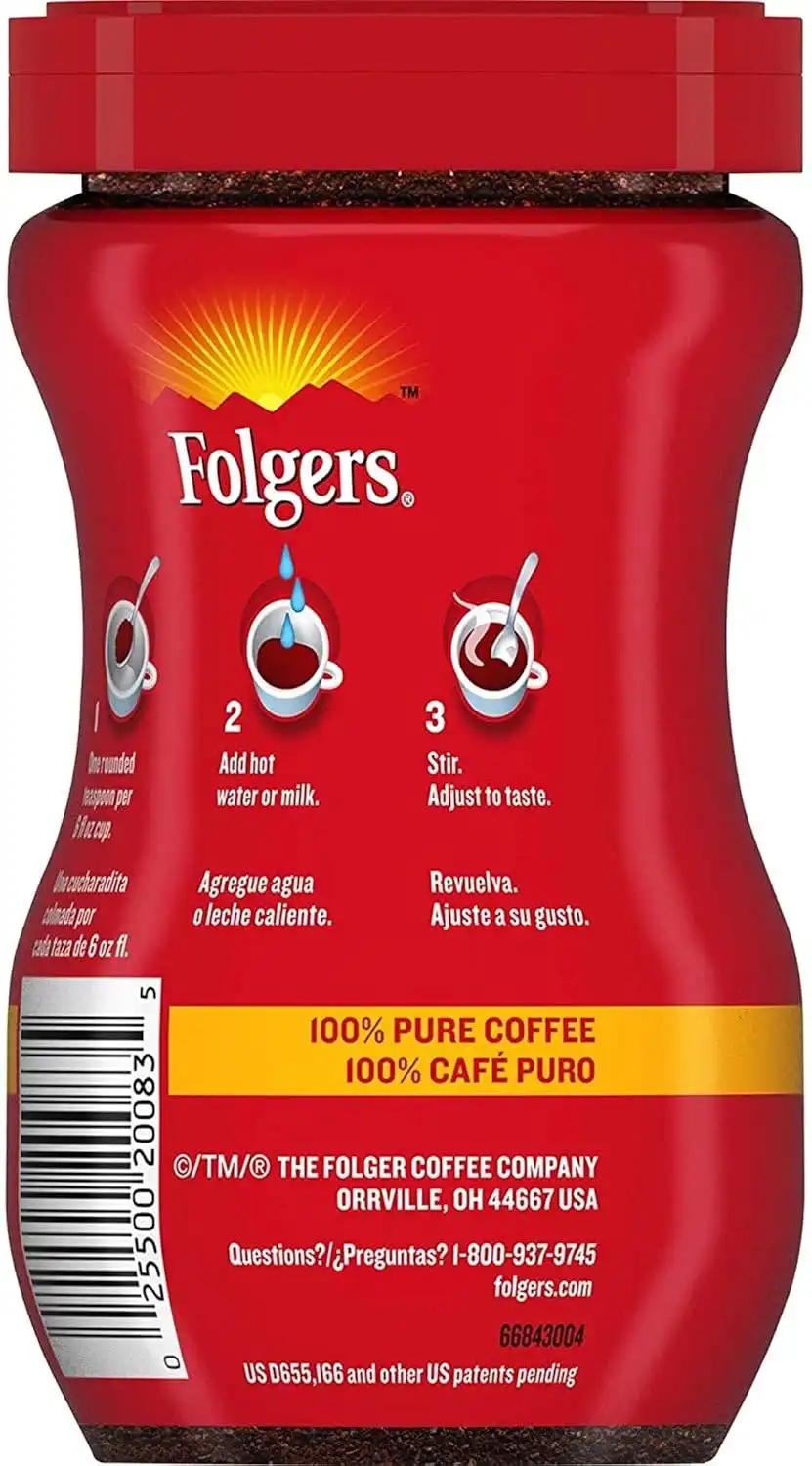 Alternative view of Folgers 20083 Classic Roast Instant Coffee Crystals, 3 Ounces, 100% Pure Coffee, Medium Roast, Easy-open Flip Top Lid, Portable Plastic Jar, Pack of 12