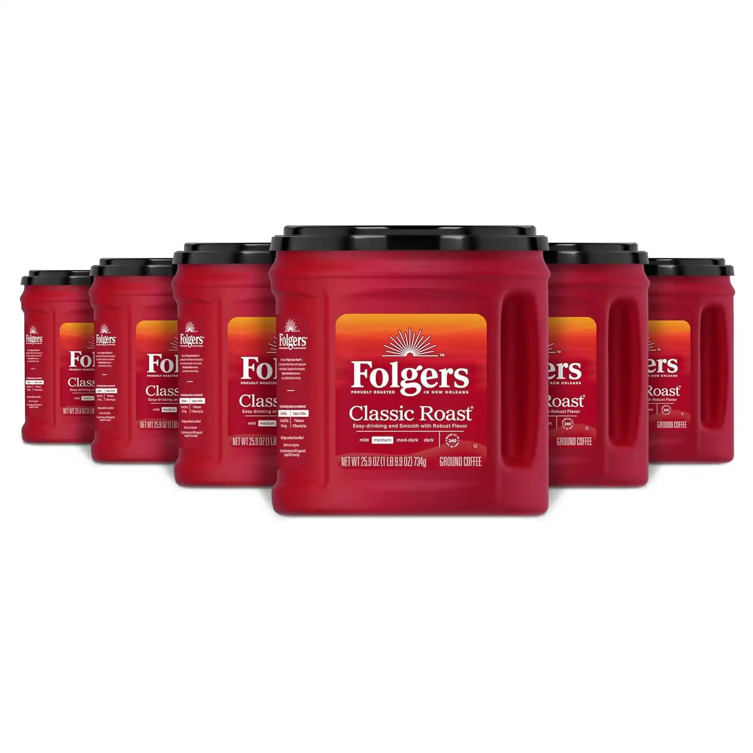 Folgers Classic Roast Ground Coffee, Medium Roast, 6 (25.9-Oz.) Canisters
